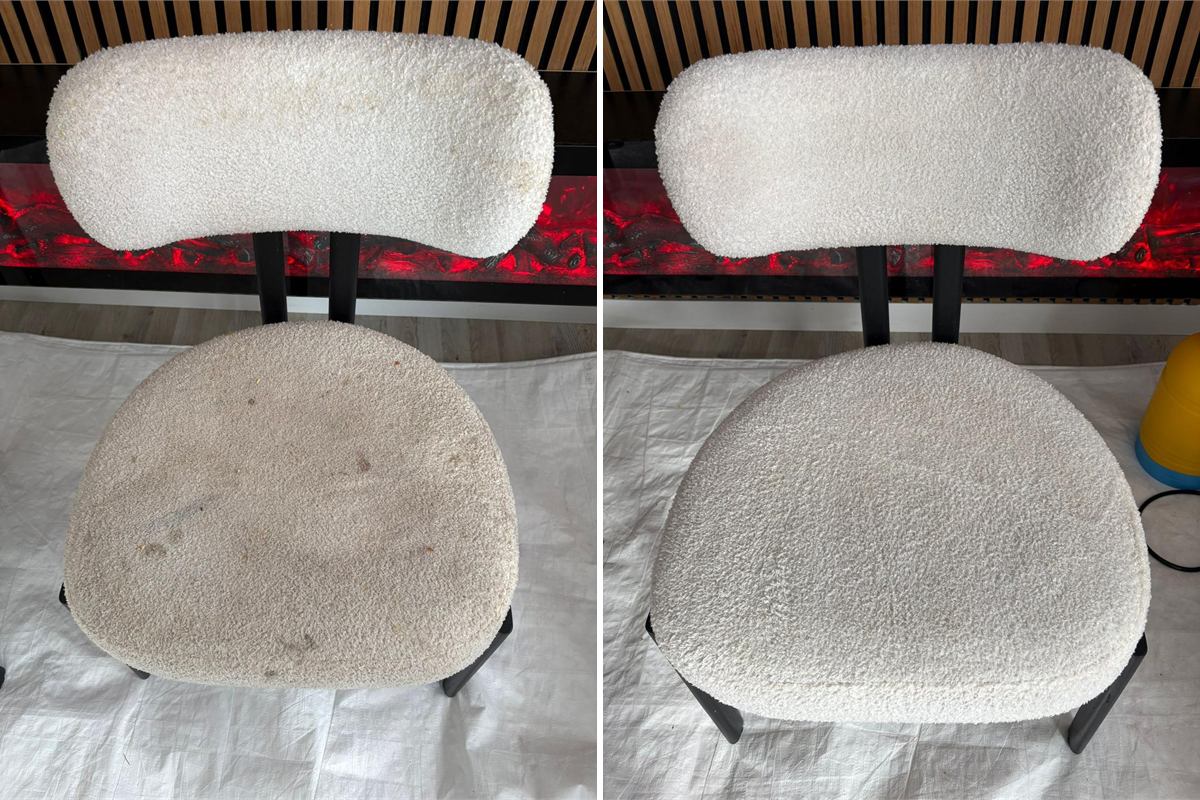 Witte bouclé eetkamerstoel, voor en na reiniging